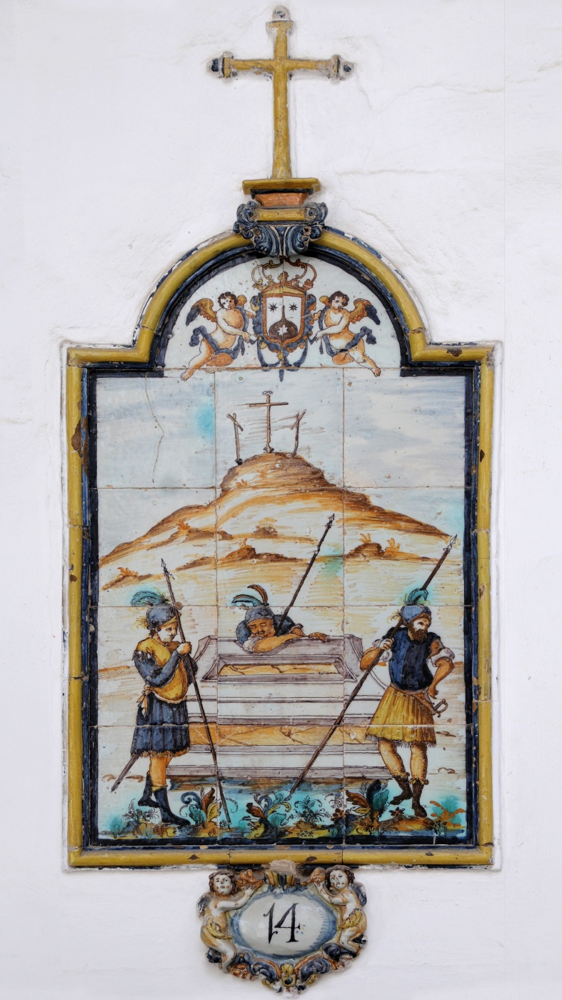 01781. Retablo cerámico. Escena de Vía Crucis. Decimocuarta estación. Patio principal del Hospital de Mujeres de Nuestra Señora del Carmen. Cádiz