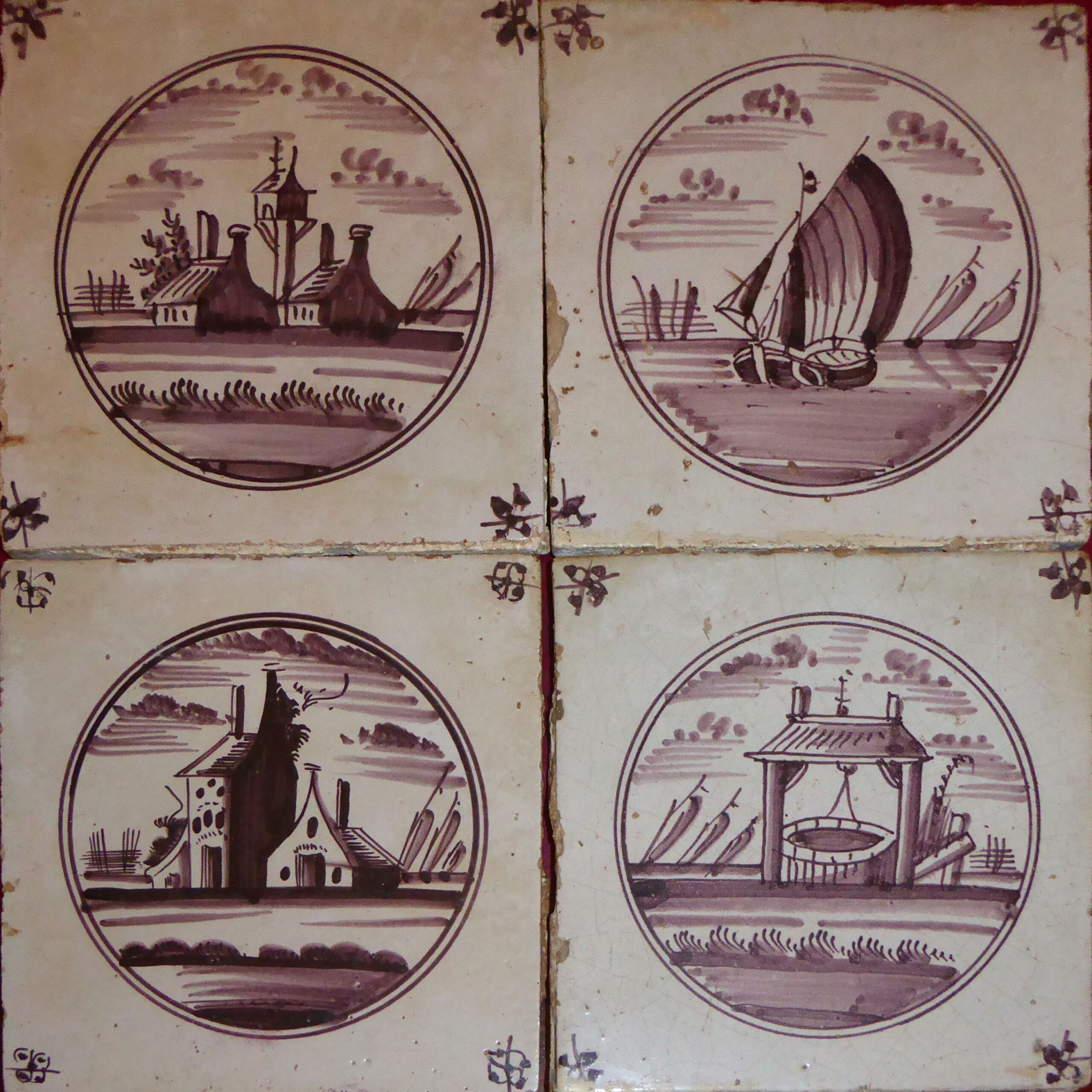 00772. Panel de cuatro azulejos con motivos “de paisaje”. Colección García Hidalgo. El Puerto de Santa María. Cádiz