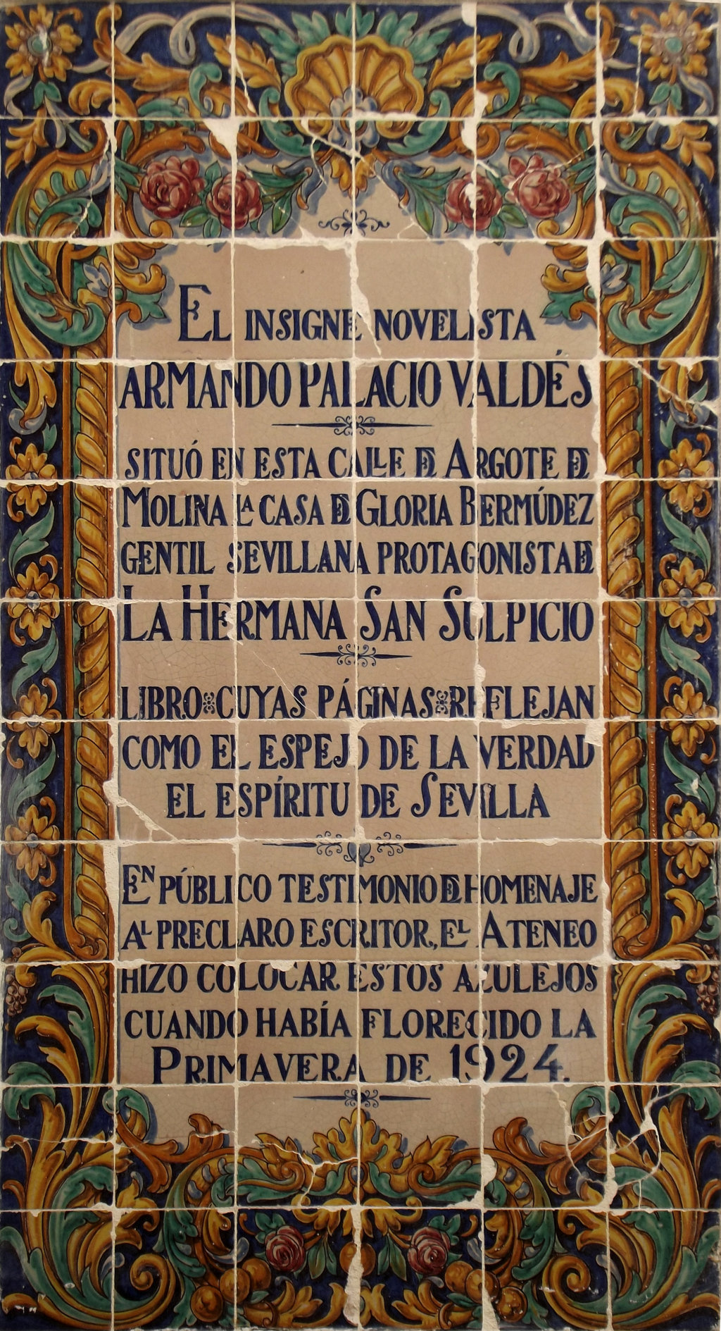 00900. Panel conmemorativo del escritor Armando Palacio Valdés. Sevilla.