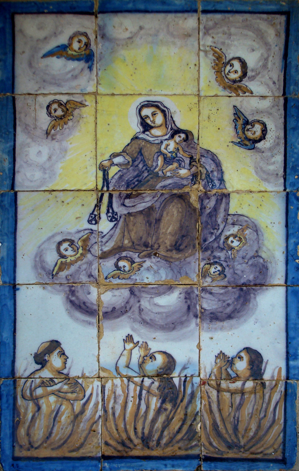 01099. Retablo cerámico. Virgen del Carmen y Ánimas del Purgatorio. Carrión de los Céspedes. Sevilla.