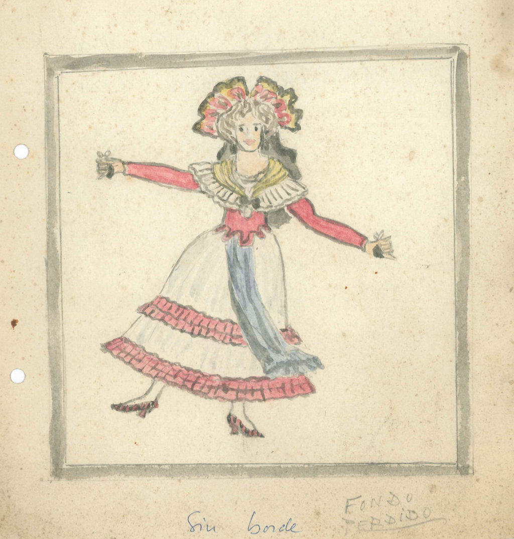 01274. Diseño. Boceto. Bailarina con castañuelas vestida al estilo goyesco. Sevilla.