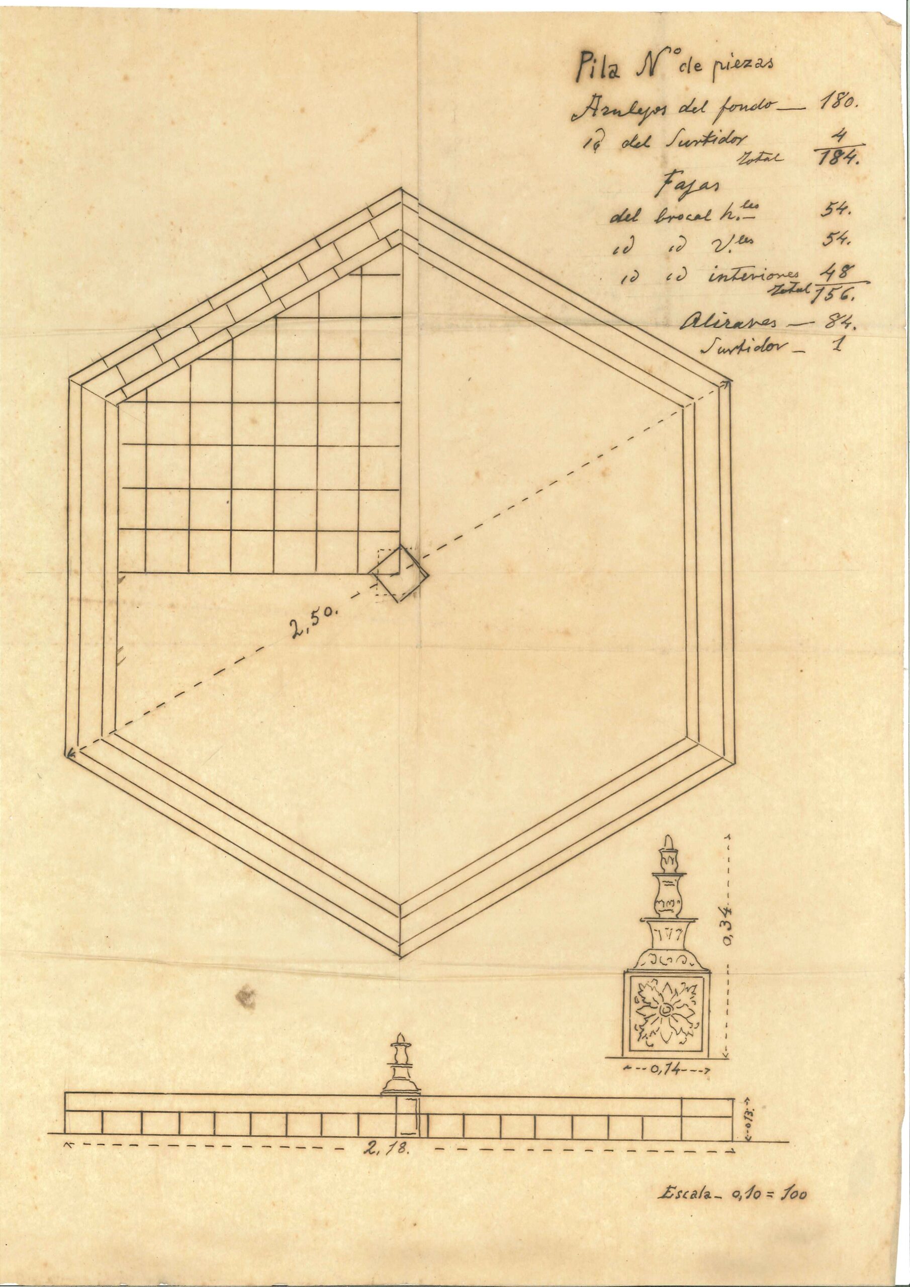 01351. Diseño. Boceto para fuente hexagonal con surtidor central. Sevilla.