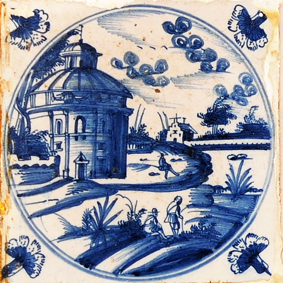 01666. Azulejo en revestimiento de armario. Paisajes. Iglesia de San Bernardo en las Termas de Roma. Museo de la Casa de la Contaduría. Cádiz