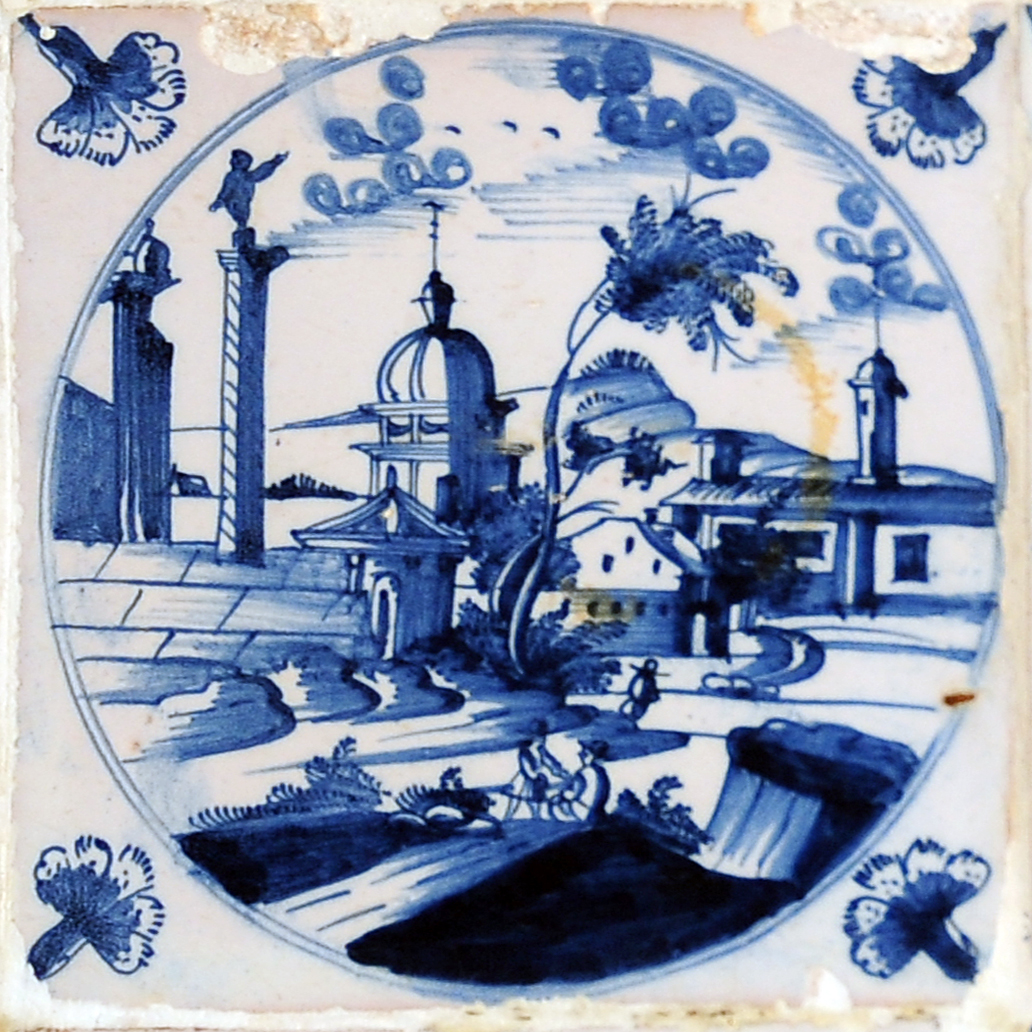 01667. Azulejo en revestimiento de armario. Paisajes. Paisaje con la columna Trajana en Roma. Museo de la Casa de la Contaduría. Cádiz