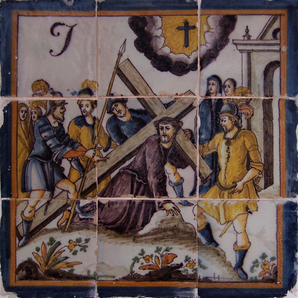 02559. Retablo cerámico. Escena de Vía Crucis. Séptima estación. Convento de la Encarnación. Osuna. Sevilla.