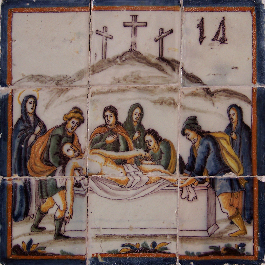 02566. Retablo cerámico. Escena de Vía Crucis. Décimo cuarta estación. Convento de la Encarnación. Osuna. Sevilla.