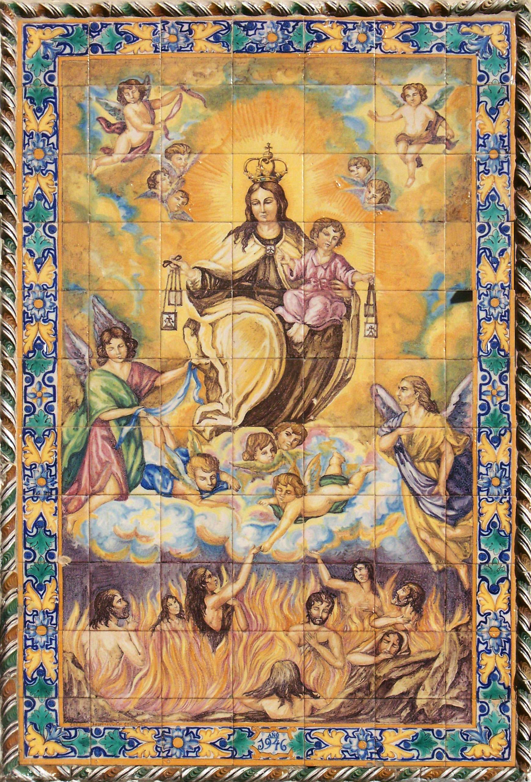 02928. Retablo cerámico. Virgen del Carmen y Ánimas del Purgatorio. Iglesia de Omnium Sanctorum. Sevilla.