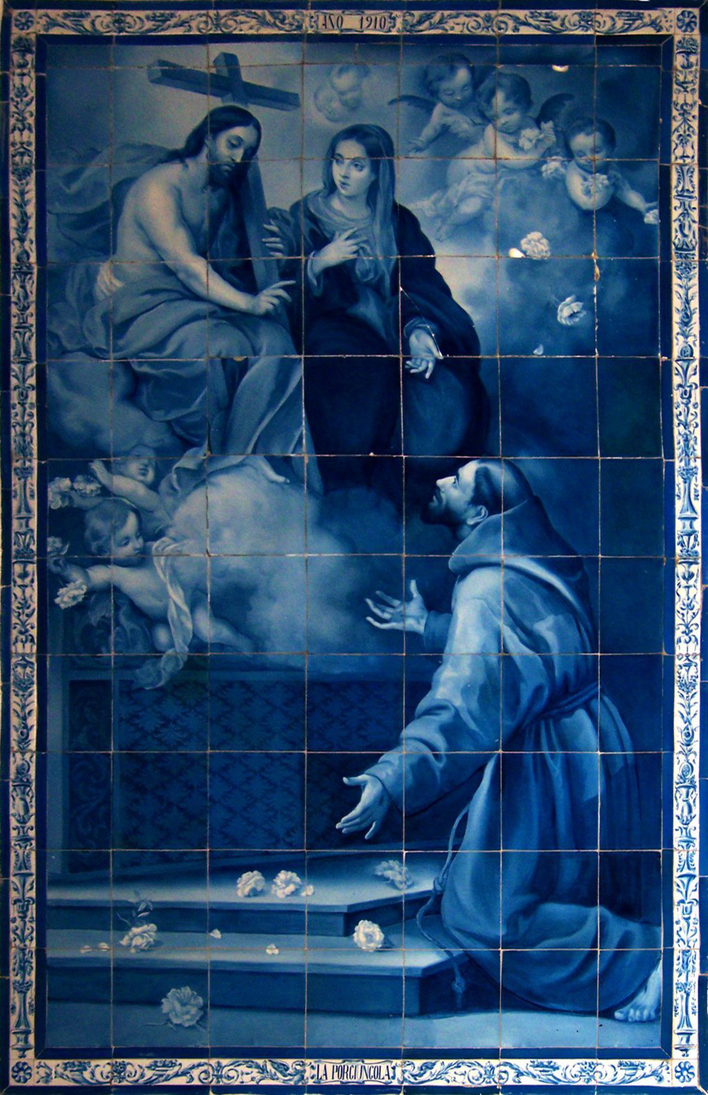 03066. Retablo cerámico. San Francisco de Asís. La Porciúncula. Convento del Socorro. Sevilla.