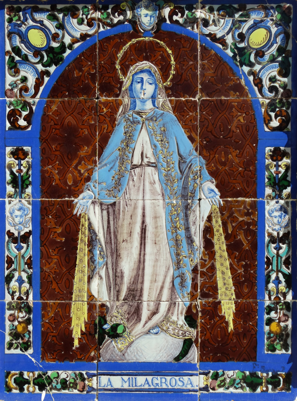 03095. Retablo cerámico. Virgen Milagrosa. Huerta de San Antonio. La Puebla del Río. Sevilla.