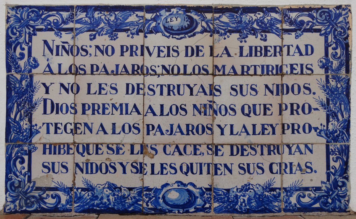 03158. Panel epigráfico alusivo a la protección de los pájaros. Altos Colegios de la Macarena. Sevilla.