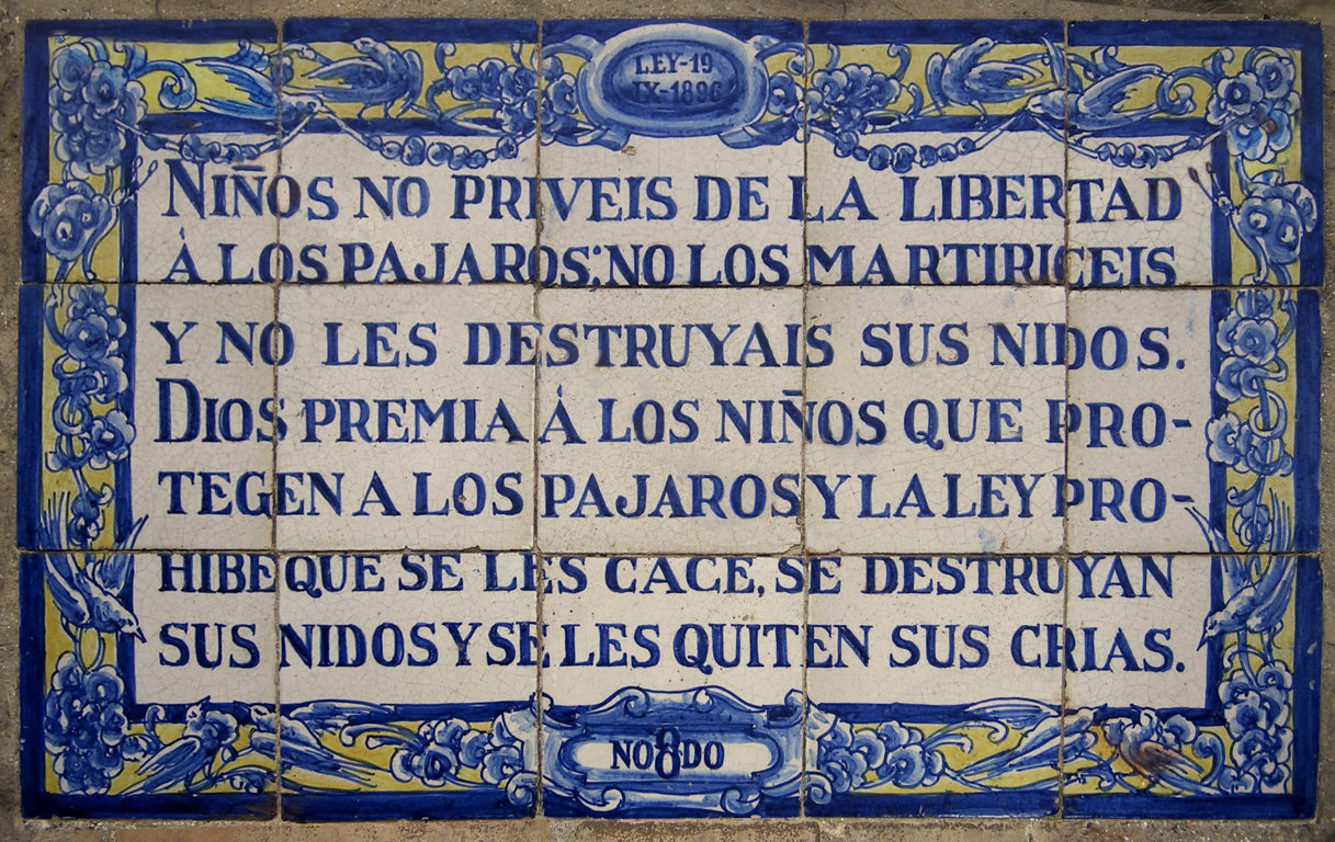 03163. Panel epigráfico alusivo a la protección de los pájaros. Calle San Bernardo. Sevilla.