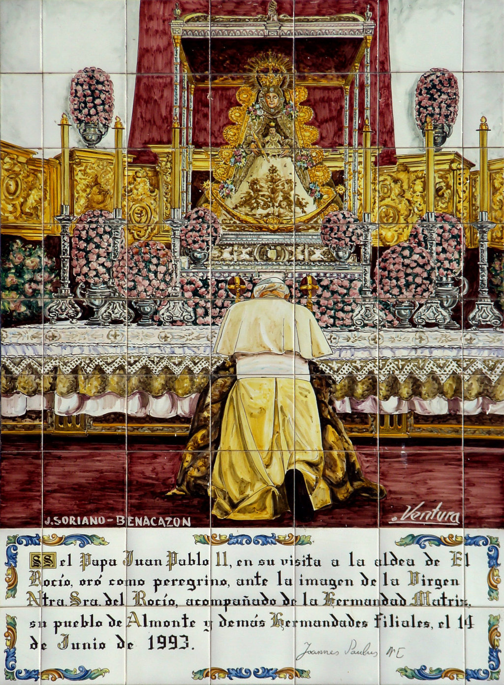 03225. Panel conmemorativo. Retablo cerámico. Virgen del Rocío. Santuario de Nuestra Señora del Rocío. Aldea del Rocío. Almonte. Huelva.