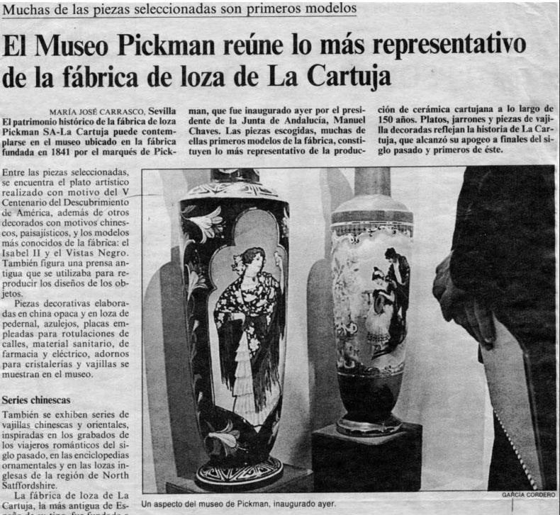 D00395. El Museo PicKman reúne lo más representativo de la fábrica de loza de La Cartuja. El País. 24-12-1992. (Archivo de Francisco Solís Pérez).